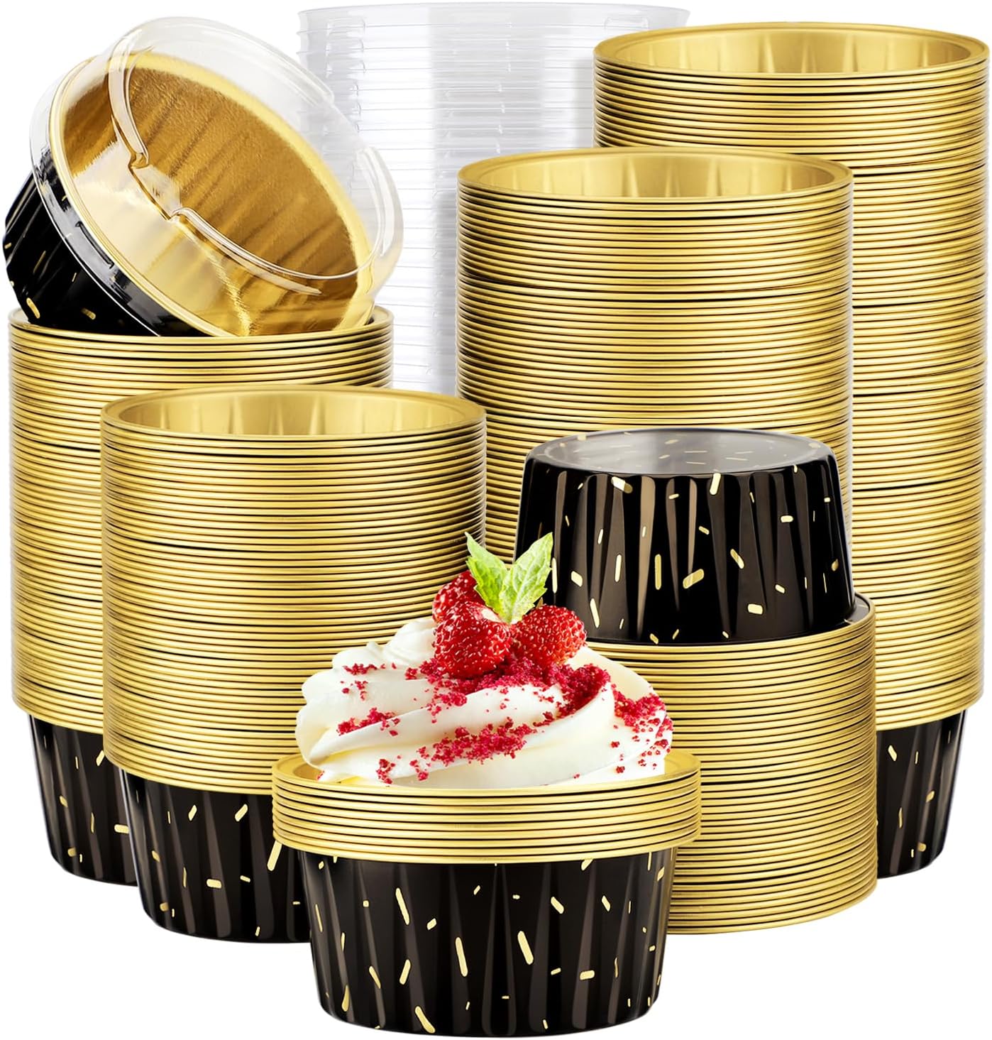 EUSOAR Disposable Ramekins with Lids, 400pcs 5oz Aluminum Foil Cupcake Liners Ramekins Cups for Baking, Dessert Cups Aluminum Cheesecake Pan Creme Brulee Baking Cups for Oven-Black Meteor Shower