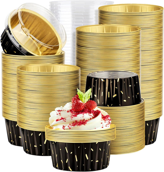 EUSOAR Disposable Ramekins with Lids, 400pcs 5oz Aluminum Foil Cupcake Liners Ramekins Cups for Baking, Dessert Cups Aluminum Cheesecake Pan Creme Brulee Baking Cups for Oven-Black Meteor Shower