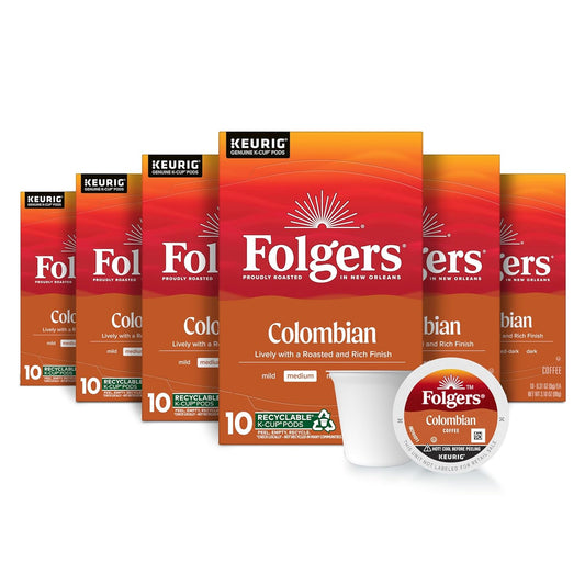 Folgers Colombian Coffee, Medium Roast, Keurig K-Cup Pods, 10 Count Box (Pack of 6)