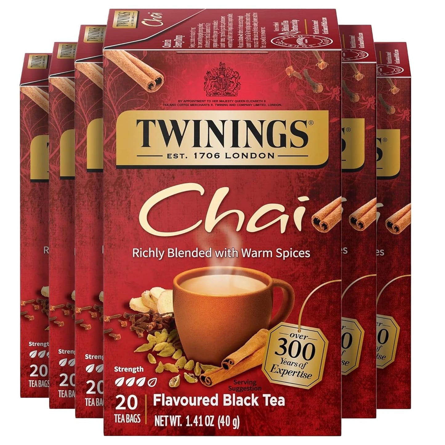 Twinings Chai Black Tea Individually Wrapped Bags, 20 Count (Pack of 6), Sweet, Savoury Spices, Caffeinated, Enjoy Hot or Iced, 120 Teabags