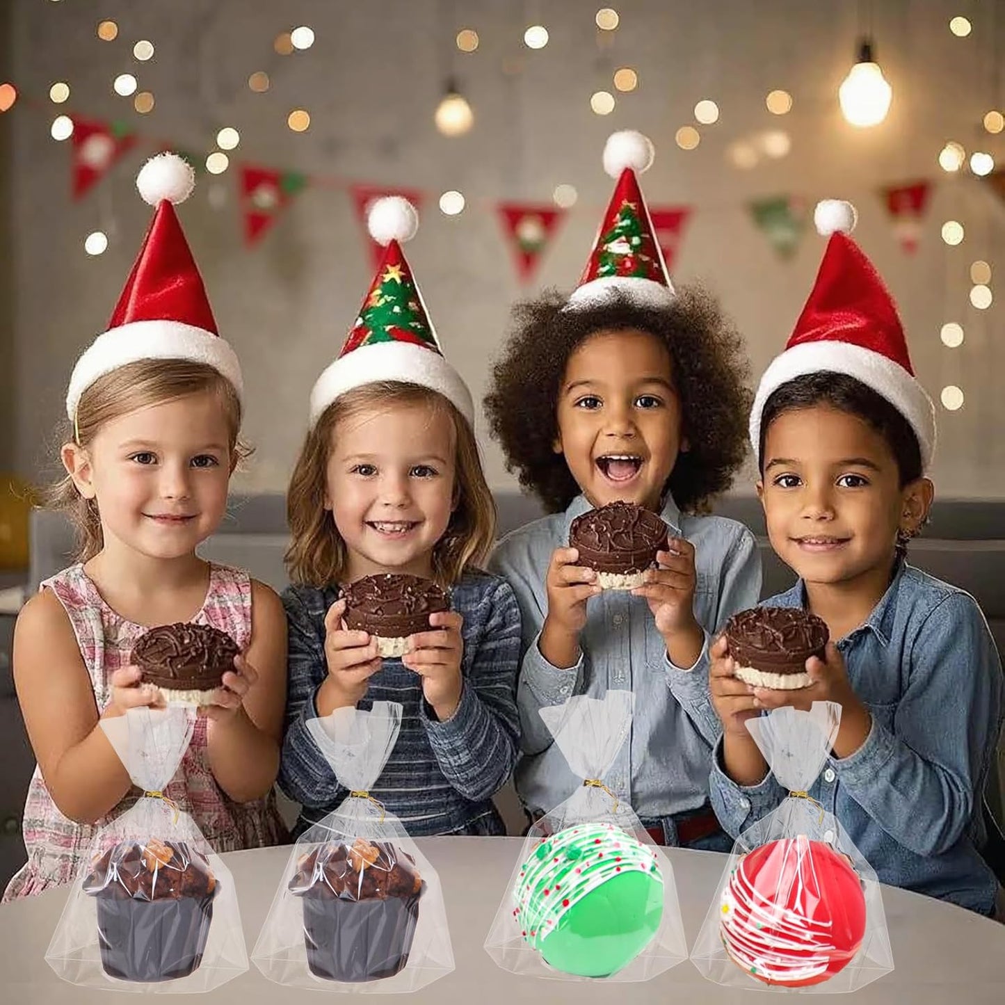 200 PCS 5x6.5 Cellophane Muffin Bags with Gold Twist Ties & Flat Bottom – Food-Safe Bakery Packaging for Cupcakes, Brownies, Cookies Macarons – Commercial-Grade for Party Favors, Catering Displays