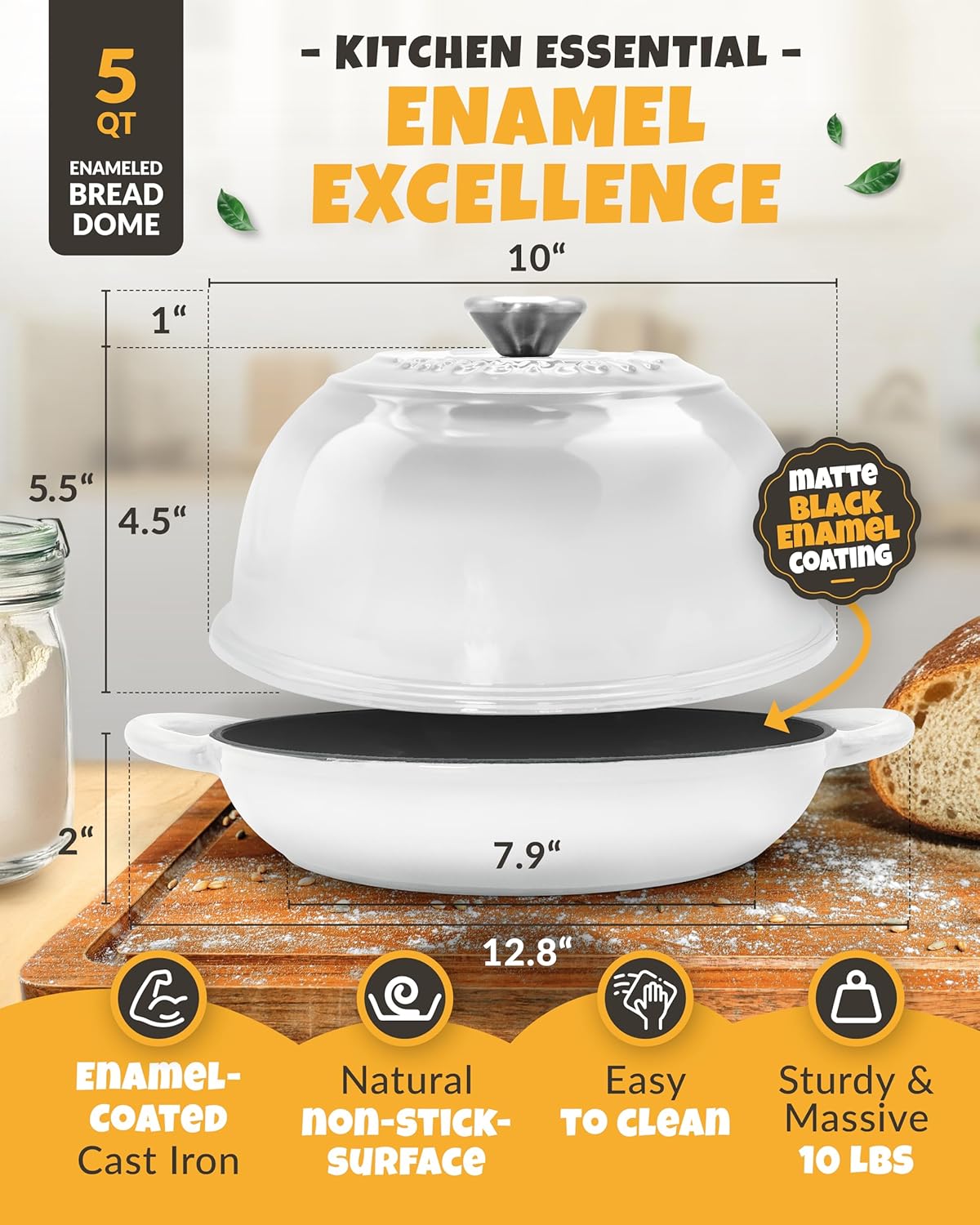 Dutch Oven Bread Baking - 5QT Enamel Bread-Dome - incl Sourdough Bread-Baking Suppliers like Dough Whisk Scoring Lame etc Bread-Oven Cast Iron for Sour dough Bread-Pan with Lid, Bread-making