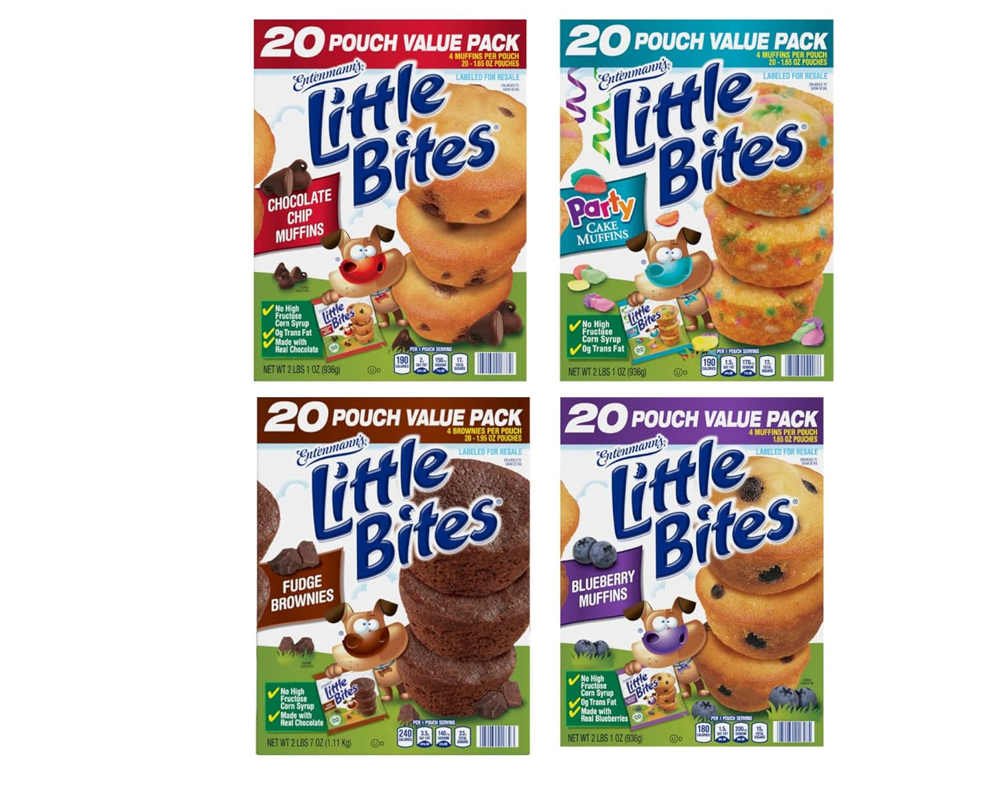 (4 pack) Little Bites Assorted Muffins, 80 individual packs, (20 ct each), Mini Muffins, 138 lbs Case – (20) Chocolate Chip, (20) Fudge, (20) Blueberry, (20) Party Cake