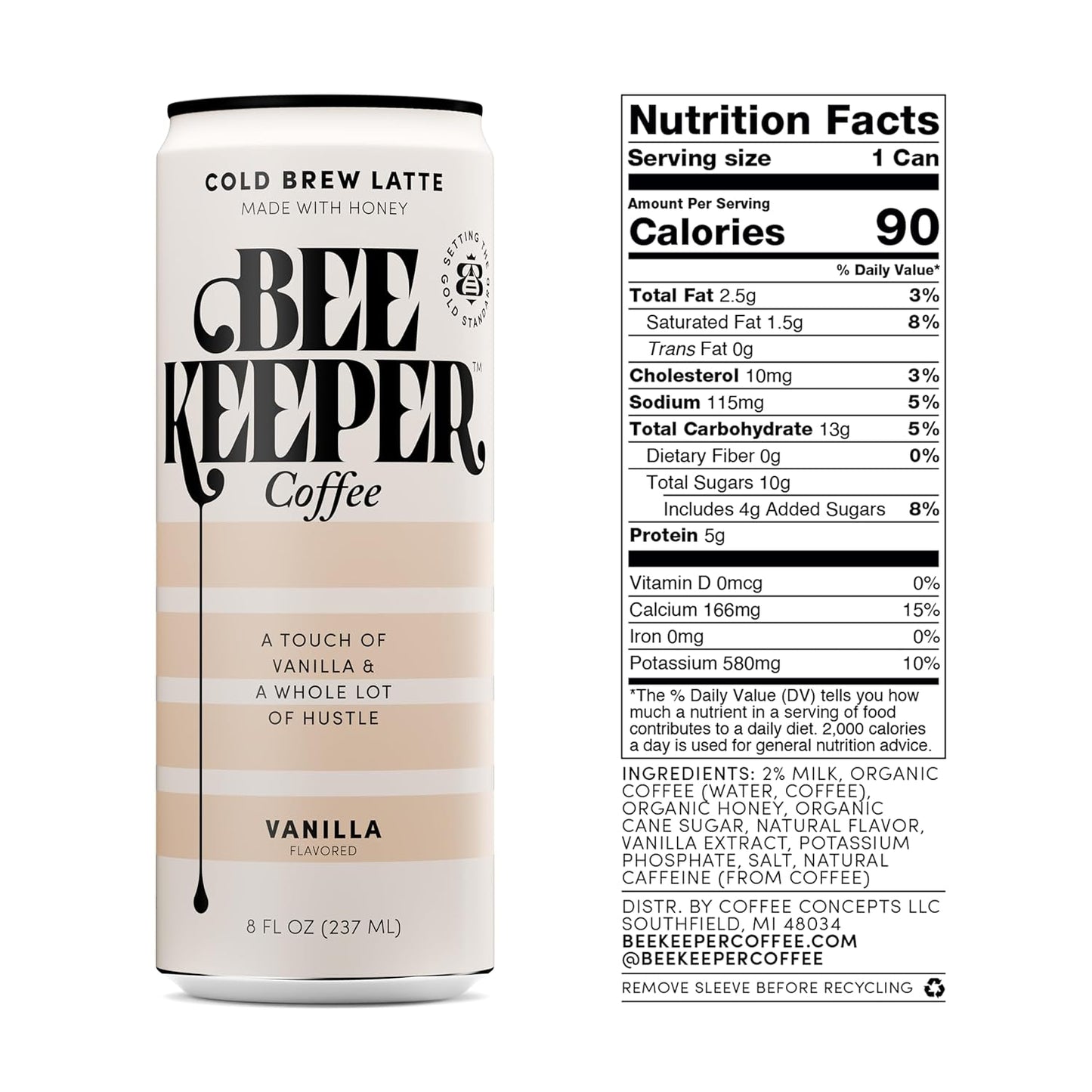 Beekeeper Coffee Cold Brew Vanilla Latte with Oregon Honey, 8 fl oz cans (Pack of 12), Ready-to-Drink, 125mg Natural Caffeine