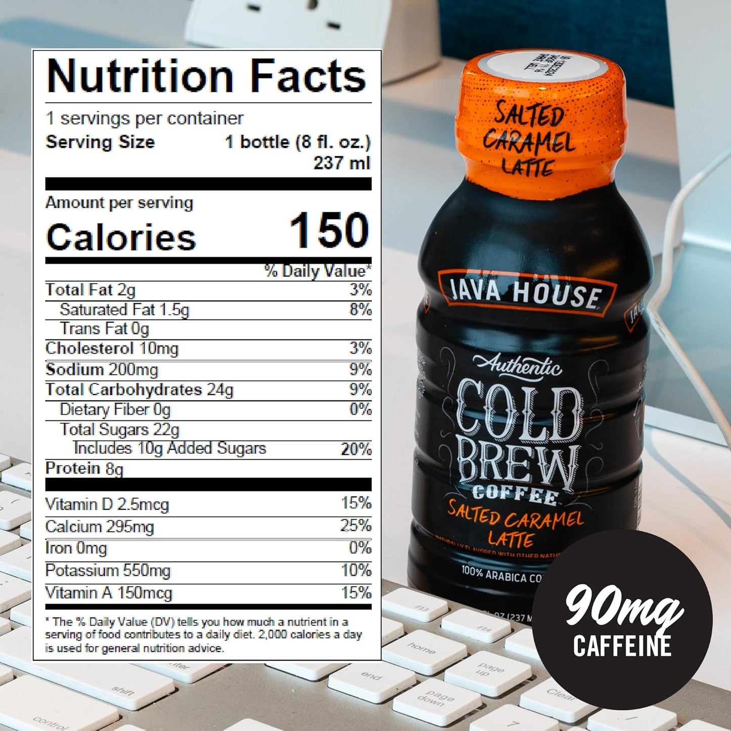 Java House Cold Brew Coffee Ready to Drink Bottles - Salted Caramel Latte - Pack of 12 8oz Bottles - 100% Arabica Coffee
