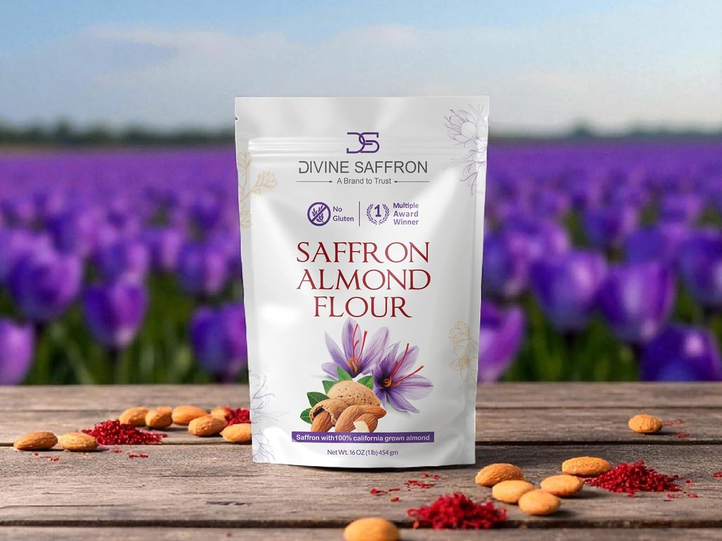Divine Saffron – Premium Saffron Almond Flour | Gluten-Free, Award-Winning Blend | Made with 100% California Almonds & Pure Saffron | Perfect for Baking, Desserts & Gluten-Free Recipes | 16 oz (454 g)