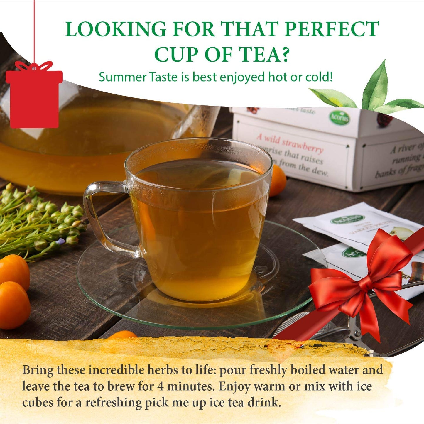 ACORUS Summer Taste Tea Set - Natural Assorted Tea Hamper Box Gift Set, Large Selection Box 60 Teas Bags, 6 Fruit and Berry Flavour Sampler, Perfect for Refreshing Iced Drinks