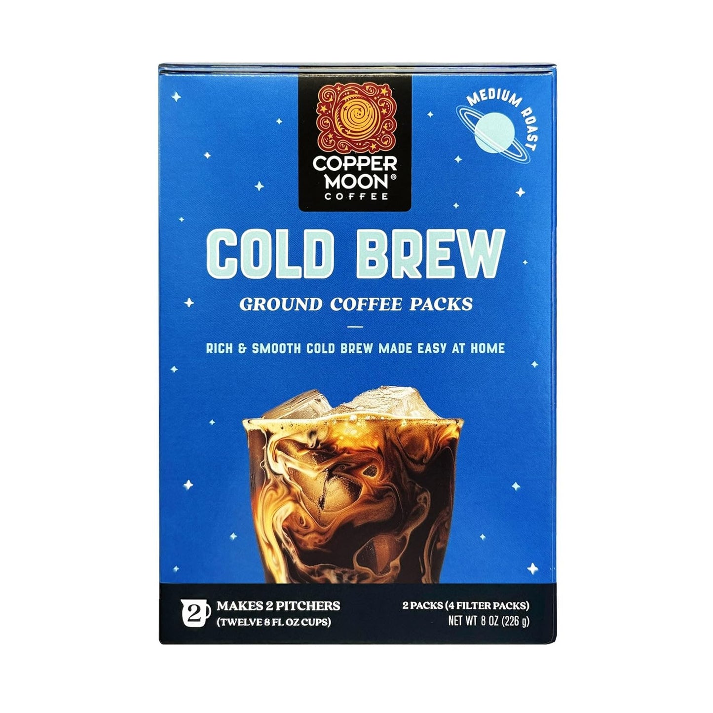 Copper Moon Cold Brew Ground Coffee Packs, Medium Roast, 4 filter pouches, 8 oz