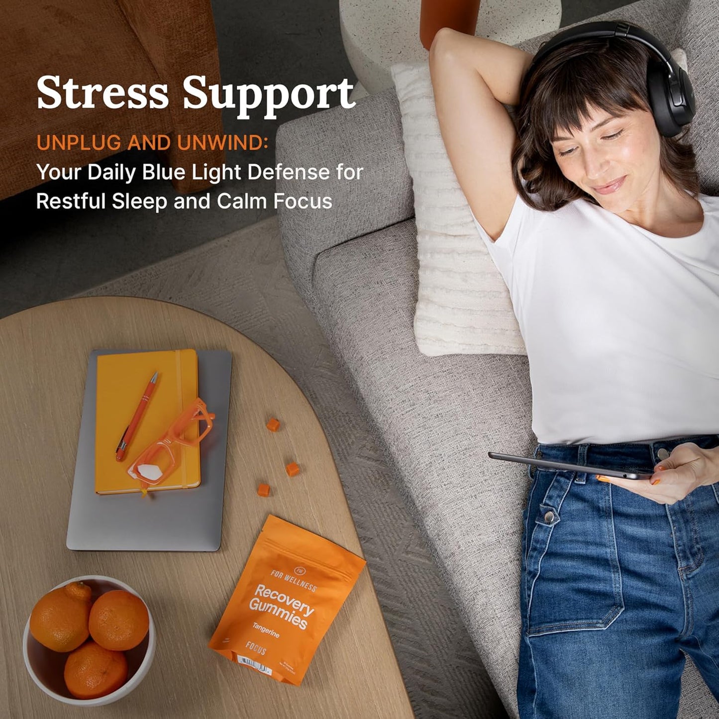 For Wellness Recovery Gummies | Tangerine Eye & Brain Support Supplements with Lutemax 2020®, Lutein, Zeaxanthin, Vitamin A & Cordyceps for Vision, Memory & Stress Support | Vegan, Non-GMO, 90 Count