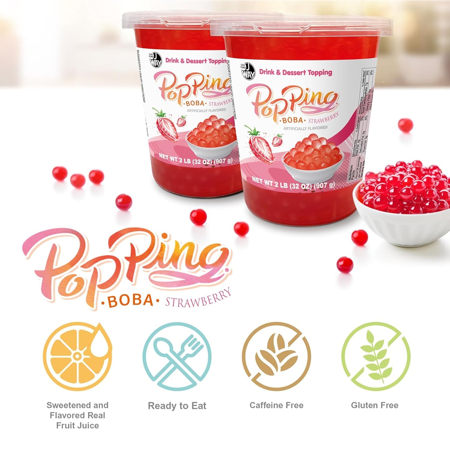 J WAY Bursting Popping Strawberry Boba Pearls, Strawberry Syrup, Non-Dairy, Fat-Free Popping Tapioca Boba for Beverages, Sweets, Ice Cream (2LB, 1 Pack)