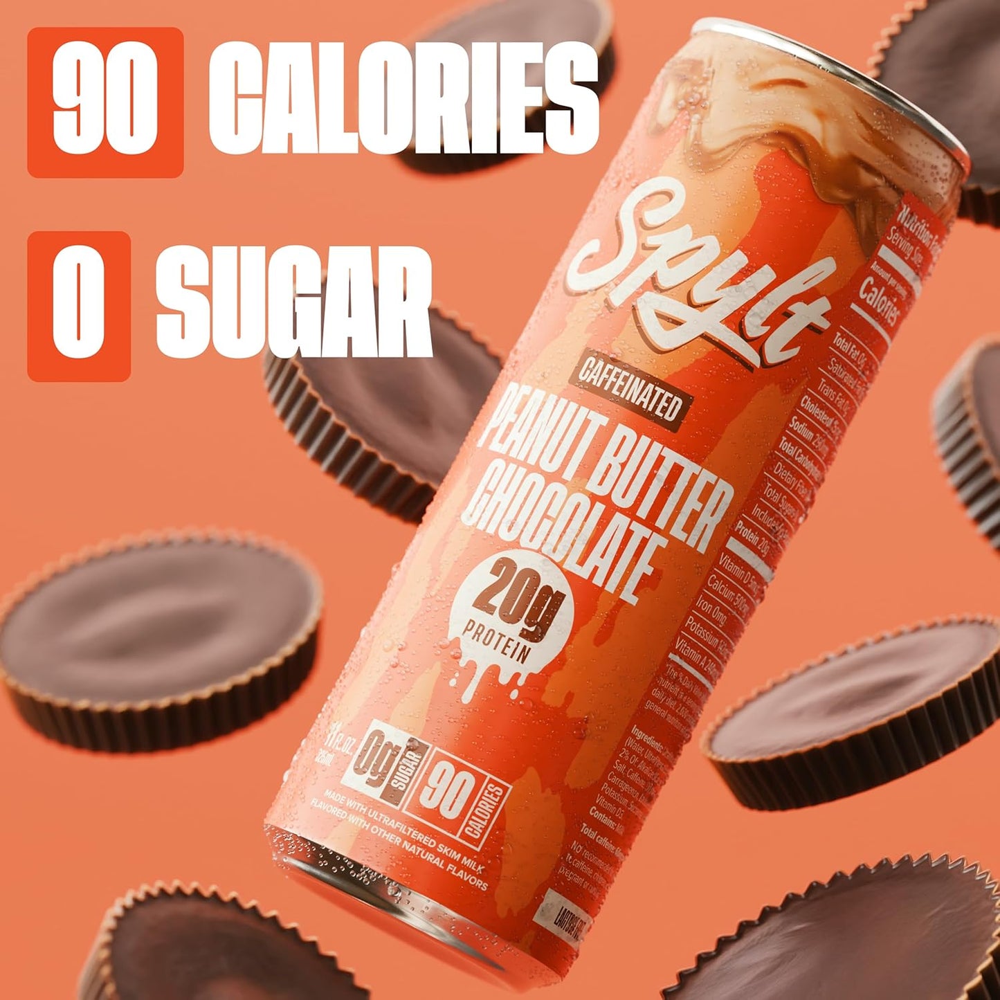 Spylt High Protein Peanut Butter Chocolate Milk with 60mg Caffeine & 20g Protein - 90 Calories, Ready to Drink, Sugar Free, Lactose Free Milk, Perfect for Workout Recovery & Afternoon Pick Me Up - 12 Count