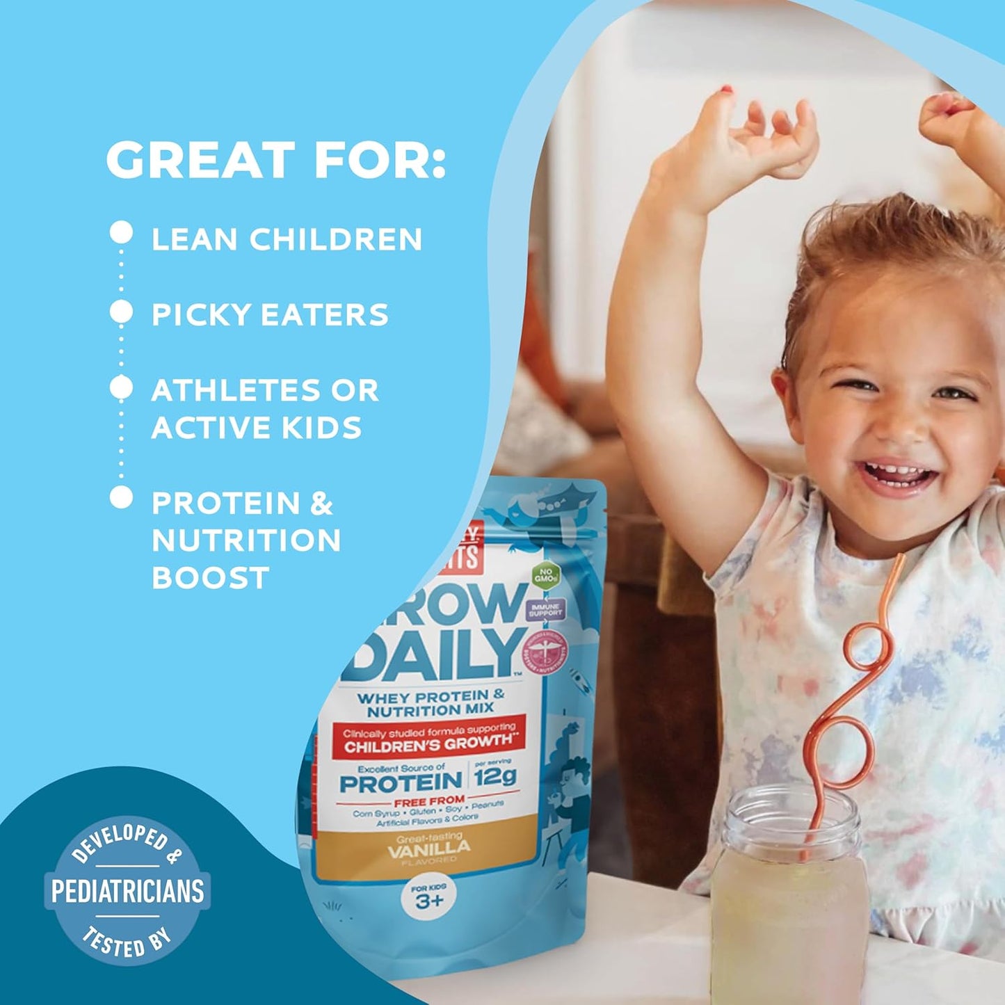 Healthy Heights Grow Daily Kids Protein Drink Mix (Vanilla) - High Protein Shake for Kids 3+