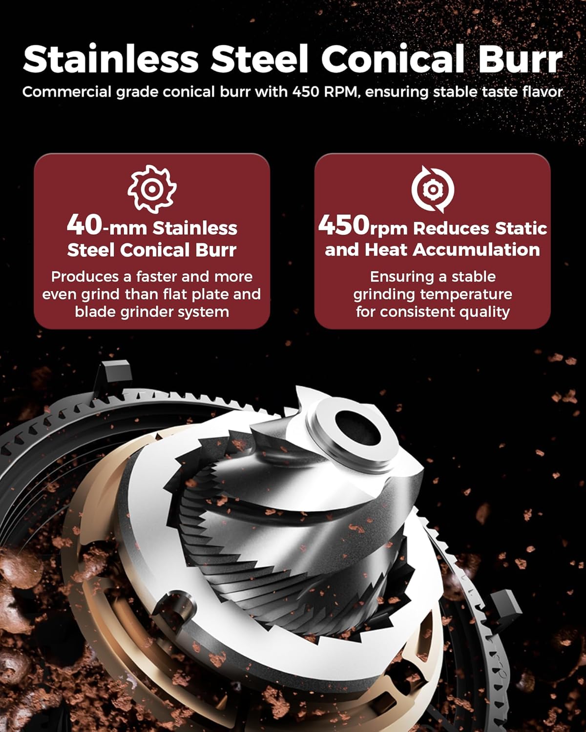 Tuni G1 Conical Burr Coffee Grinder, 48 Grind Settings Anti-static Burr Mill, Precision Electronic Timer and LED Touchscreen for Espresso/Drip/Cold Brew/French Press, Stainless Steel, Noir