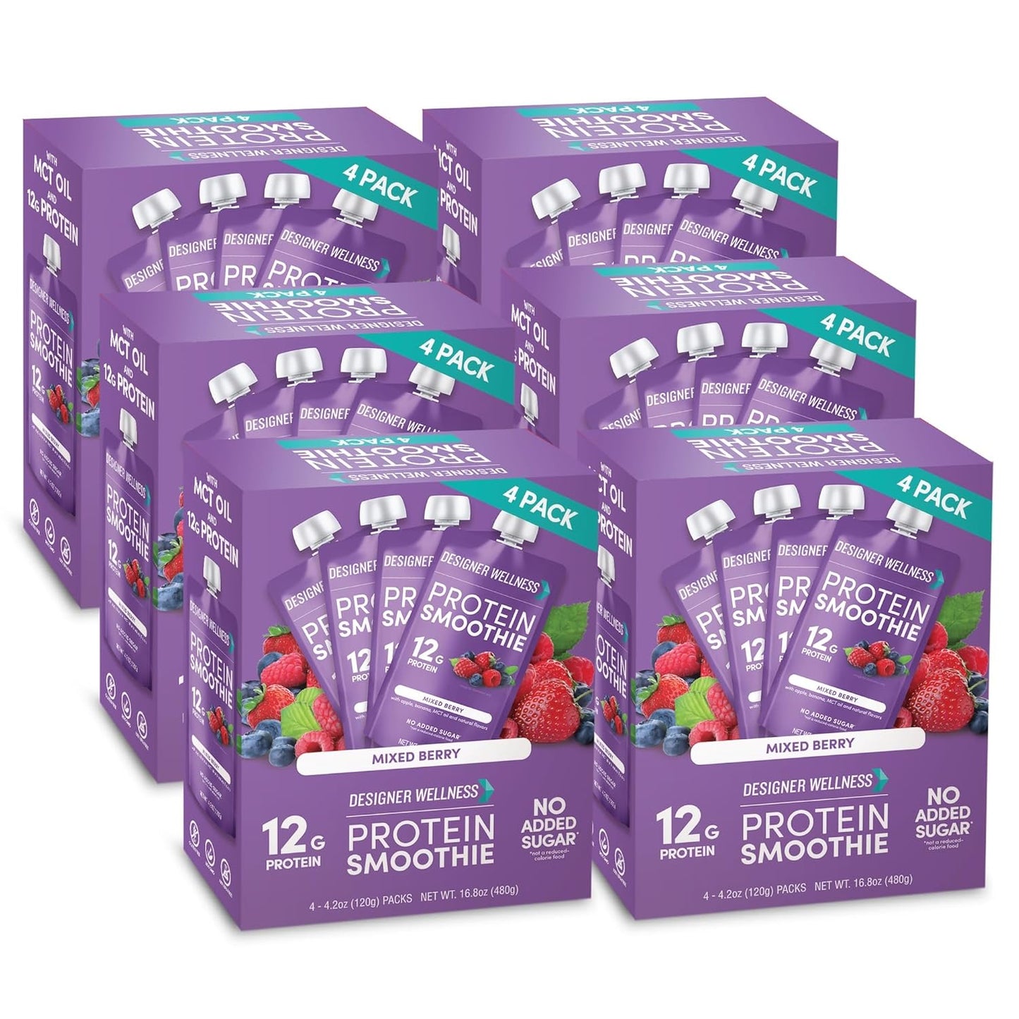 Designer Wellness Protein Smoothie, Real Fruit, 12g Protein, Low Carb, Zero Added Sugar, Gluten-Free, Non-GMO, No Artificial Colors or Flavors, Mixed Berry, 24 Count