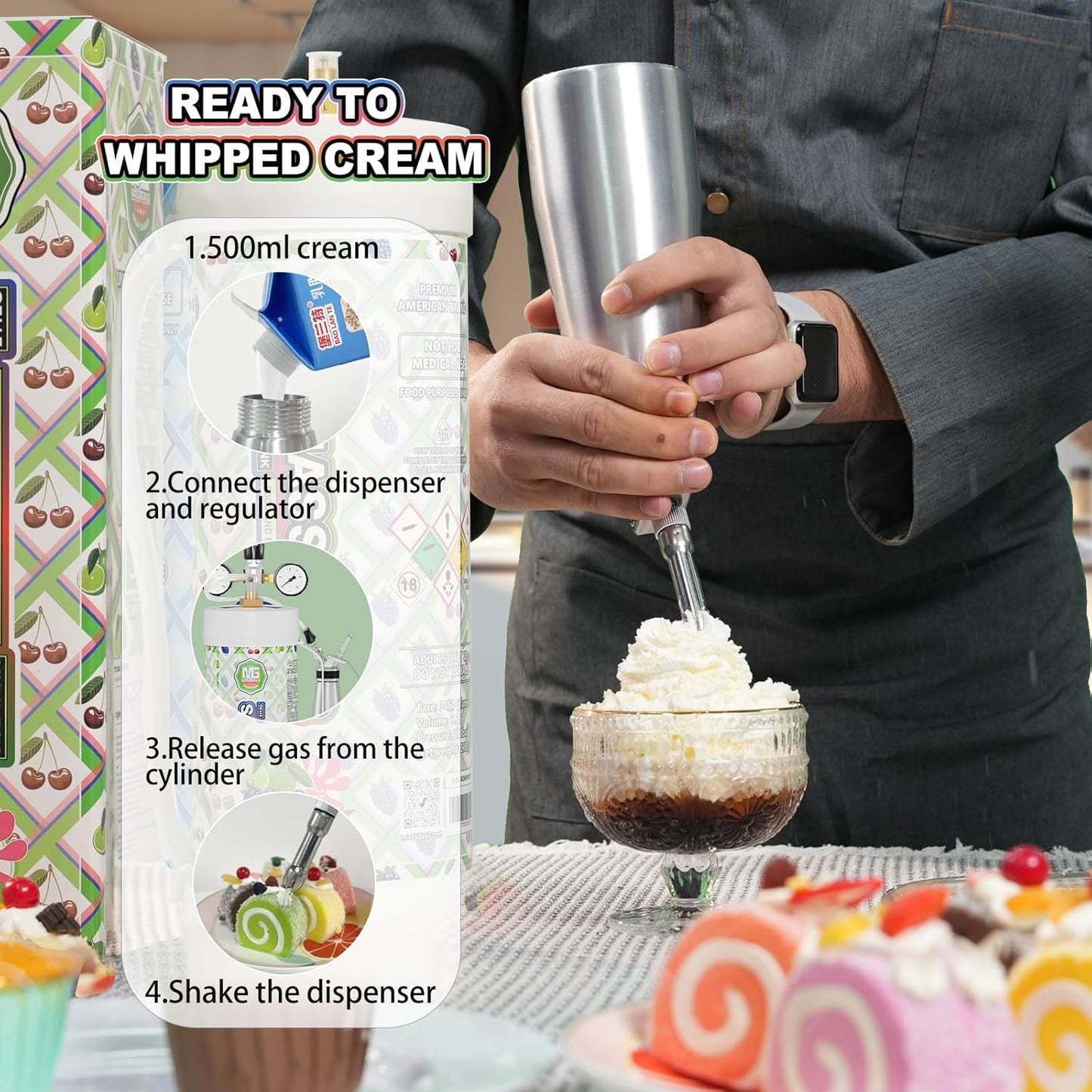 Whipped Cream Charger 3.3l Tanks,Mass Gass 2112g Whip Cream Chargers Cylinde,Food Grade 99.9%-Purity (1 Cylinder BOMB POP)