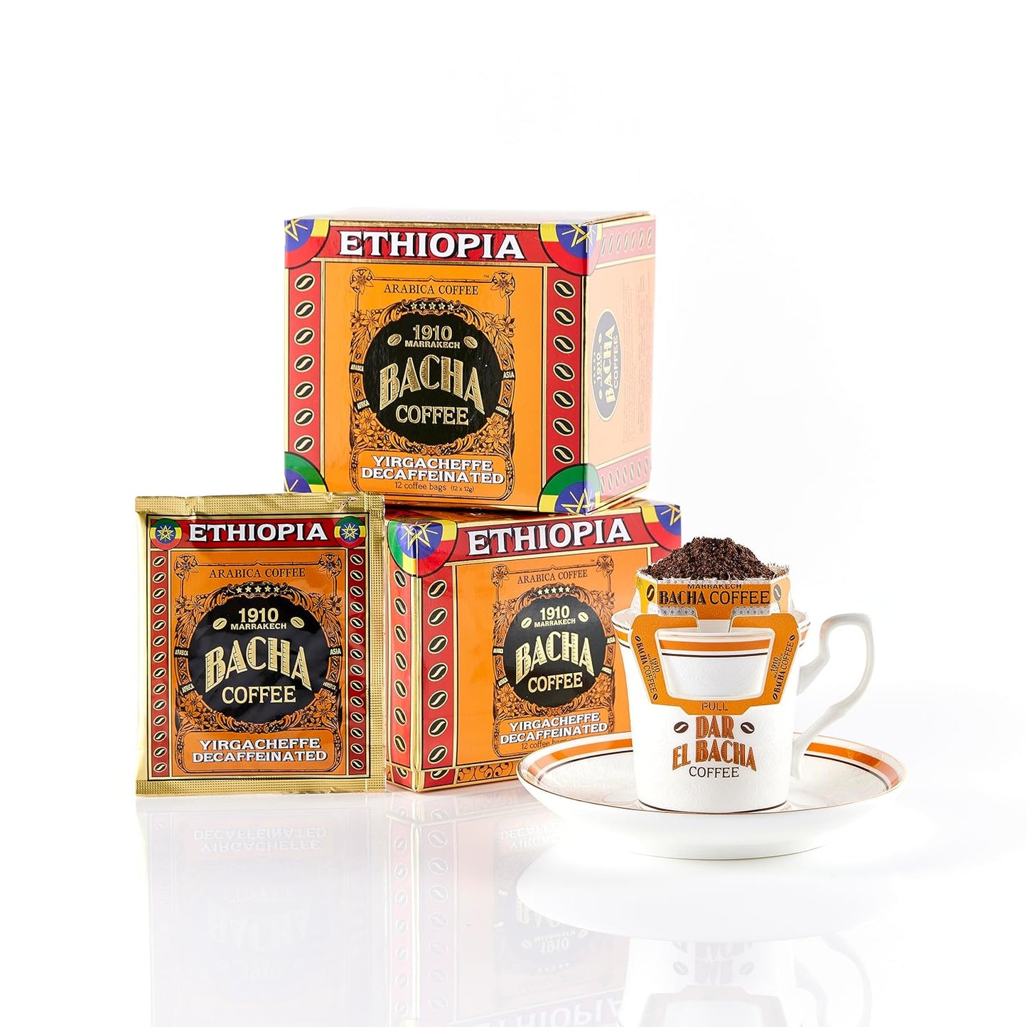 Bacha Coffee | Yirgacheffe Decaf Ethiopia Single Origin, Medium Dark Roast, 100% Arabica Specialty Coffee, 12 Coffee Drip Bags, Gift Box