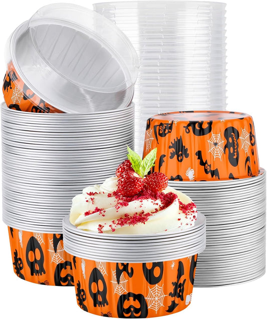 EUSOAR Mini Cheesecake Pans, 100pcs 5oz Halloween Cupcake Liners Baking Cups with Lids, Oven Safe Dessert Muffin Pan Creme Brulee Ramekins Disposable Containers for Gathering Club Wedding Party