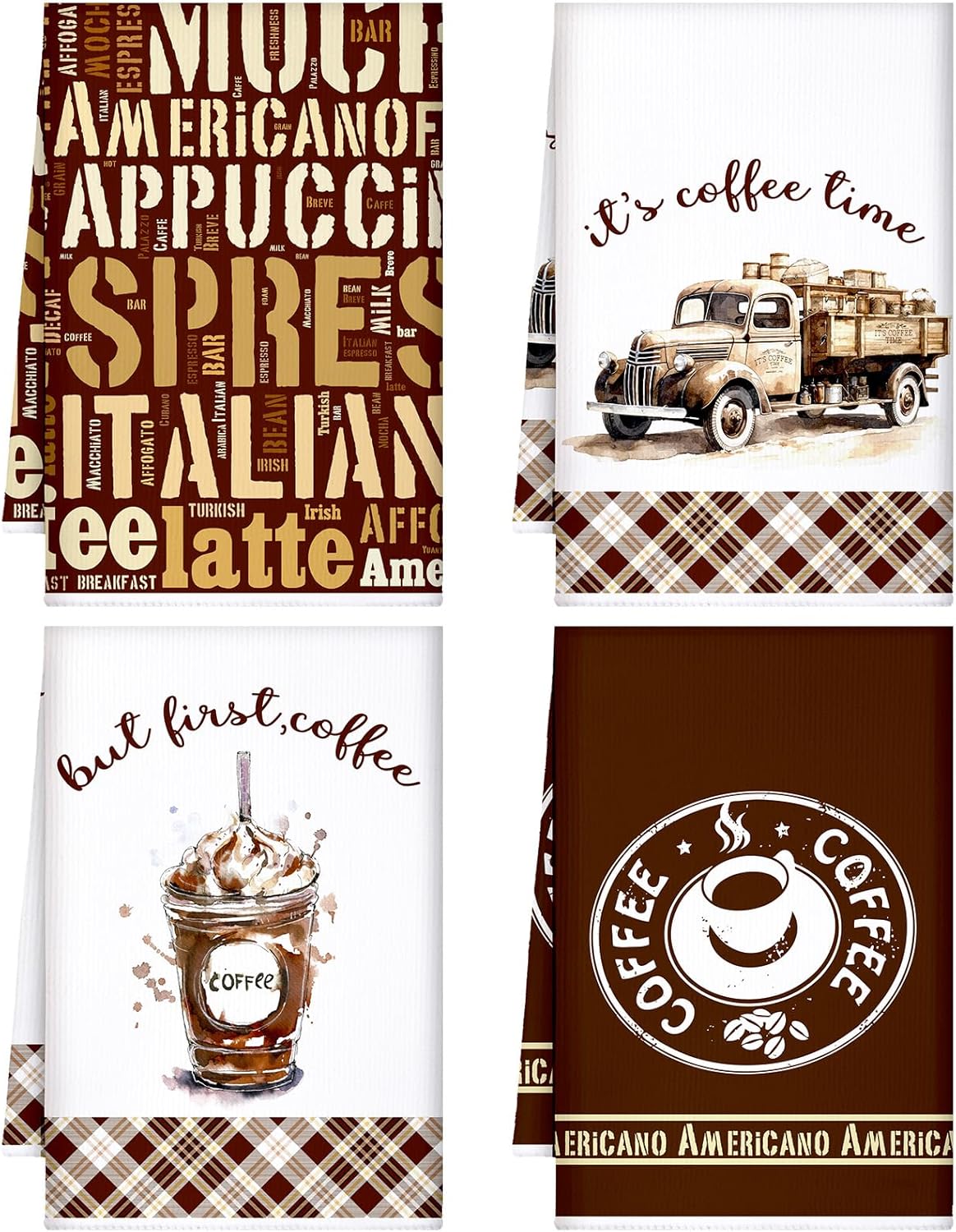 Ferraycle 4 Pieces Kitchen Dish Cloths Coffee Kitchen Hand Towels Absorbent Tea Towels 24 x 16 Inches, Coffee Lover Gift Bar Decorative Dish Cloths Rags, for Farmhouse(Mainly Brown,Vehicle Style)