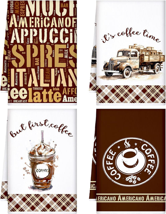 Ferraycle 4 Pieces Kitchen Dish Cloths Coffee Kitchen Hand Towels Absorbent Tea Towels 24 x 16 Inches, Coffee Lover Gift Bar Decorative Dish Cloths Rags, for Farmhouse(Mainly Brown,Vehicle Style)