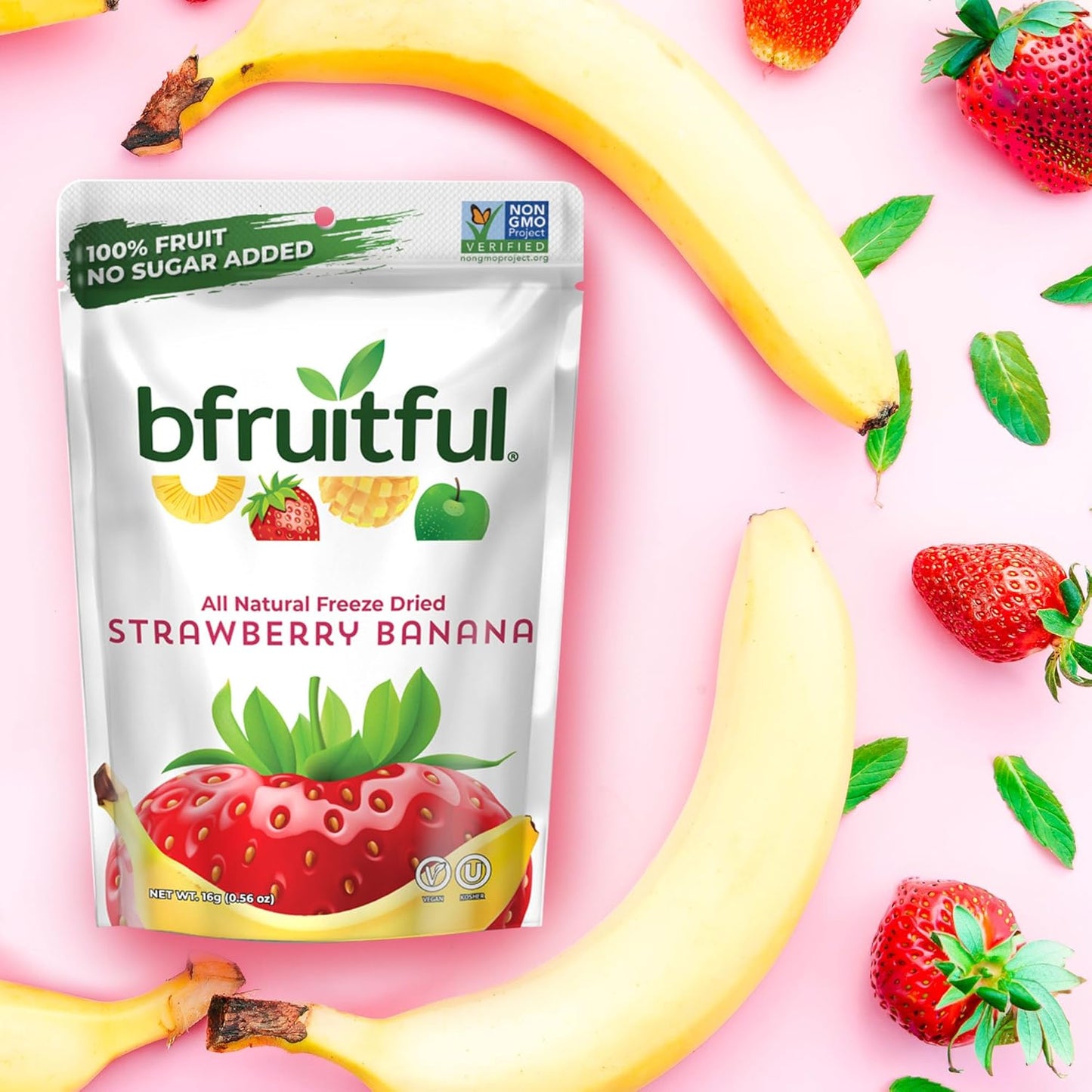 bfruitful Freeze-Dried Strawberry Banana, Freeze Dried Fresh Fruit Bites, Gluten Free, Vegan, Dairy Free, Kosher, No Sugar Added, Non GMO, Healthy Snacks for Kids or Adults, 0.56 oz Single-Serve Snack Packets, 12 Pack