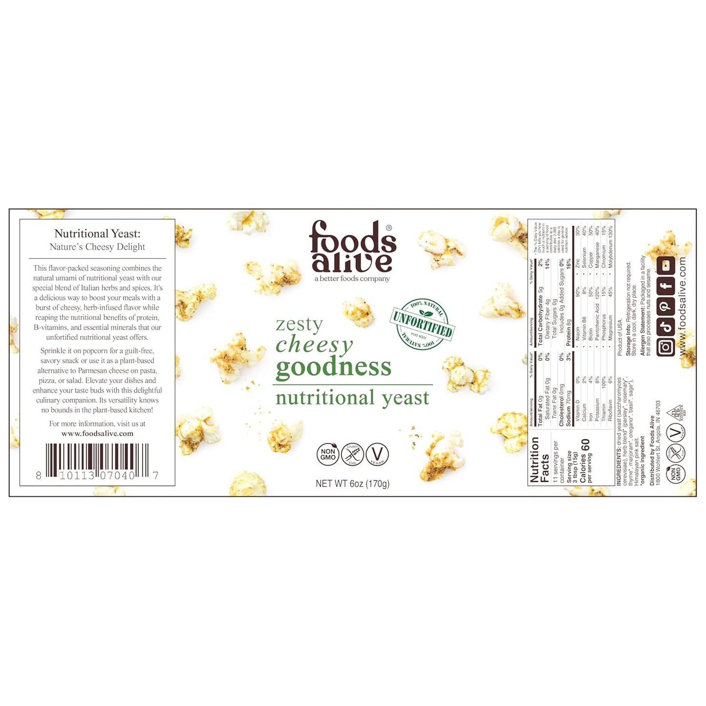 Foods Alive Zesty Cheesy Goodness Nutritional Yeast, 6oz Shaker Jar/Non-Fortified, Vegan Cheese Powder Seasoning