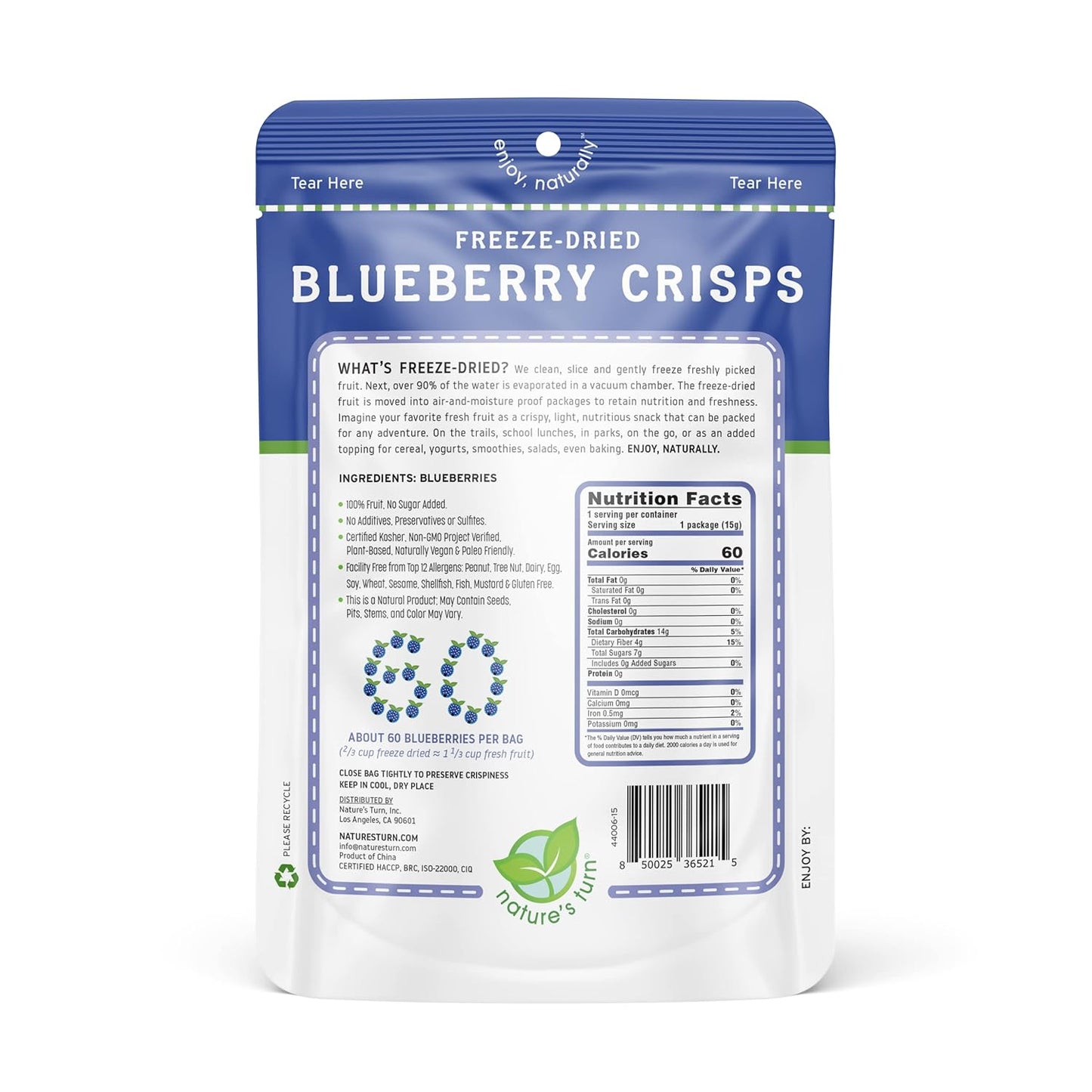 Nature’s Turn Freeze-Dried Blueberry Crisps – Healthy, Gluten-Free, Crispy & Delicious, Plant-Based Snack, Ideal for Cereal, Smoothies, School Lunches, & On-the-Go, Bags of 6 (0.53 oz Each)