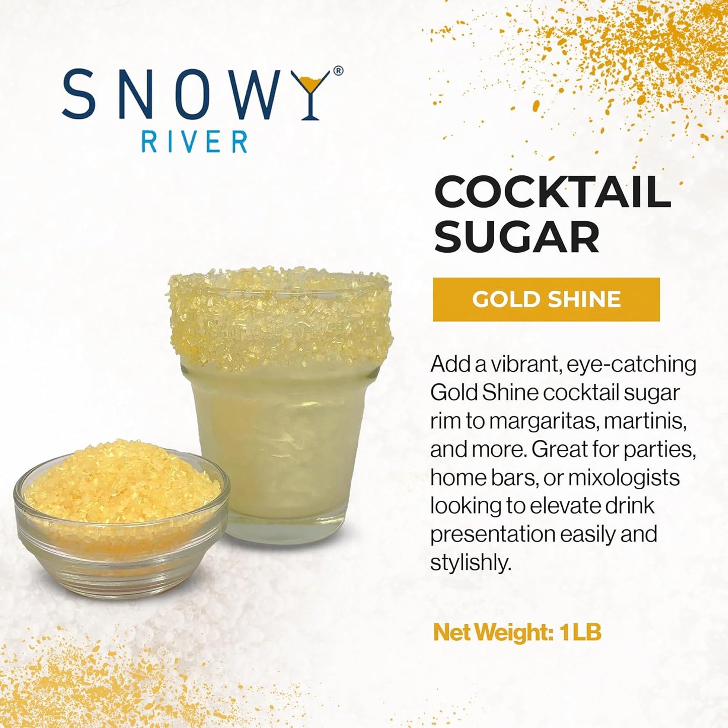 Snowy River Gold, Cocktail & Margarita Sugar Rimmer - Vibrant Naturally Colored Sugar for Cocktail Rimming, Baking & Decorating, Medium Crystal - 16oz