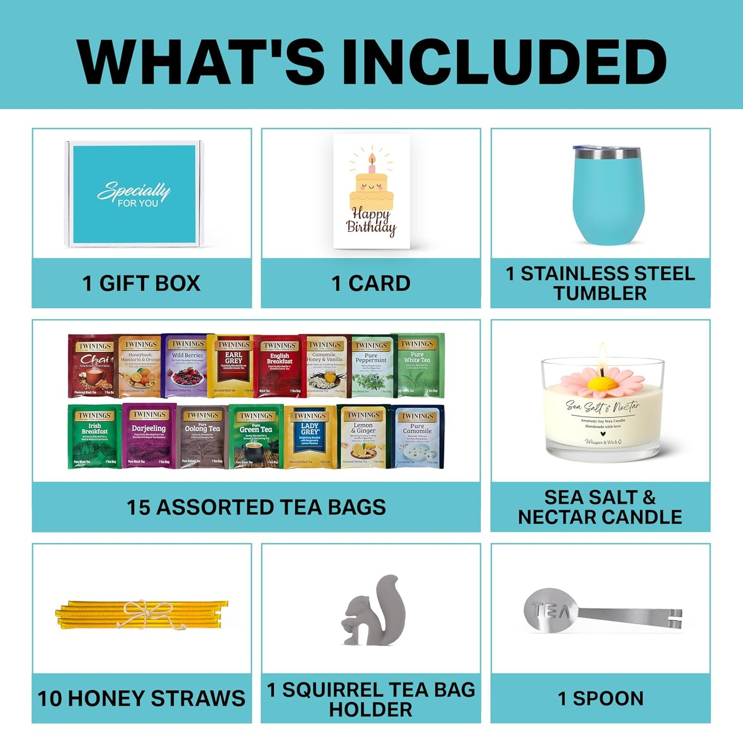 Birthday Gift Set with Stainless Tumbler, 15 Assorted Teas, 10 Honey Straws, Tea Tongs, Scented Candle and Greeting Card in Ready-to-Gift Box (Teal - Birthday Card)