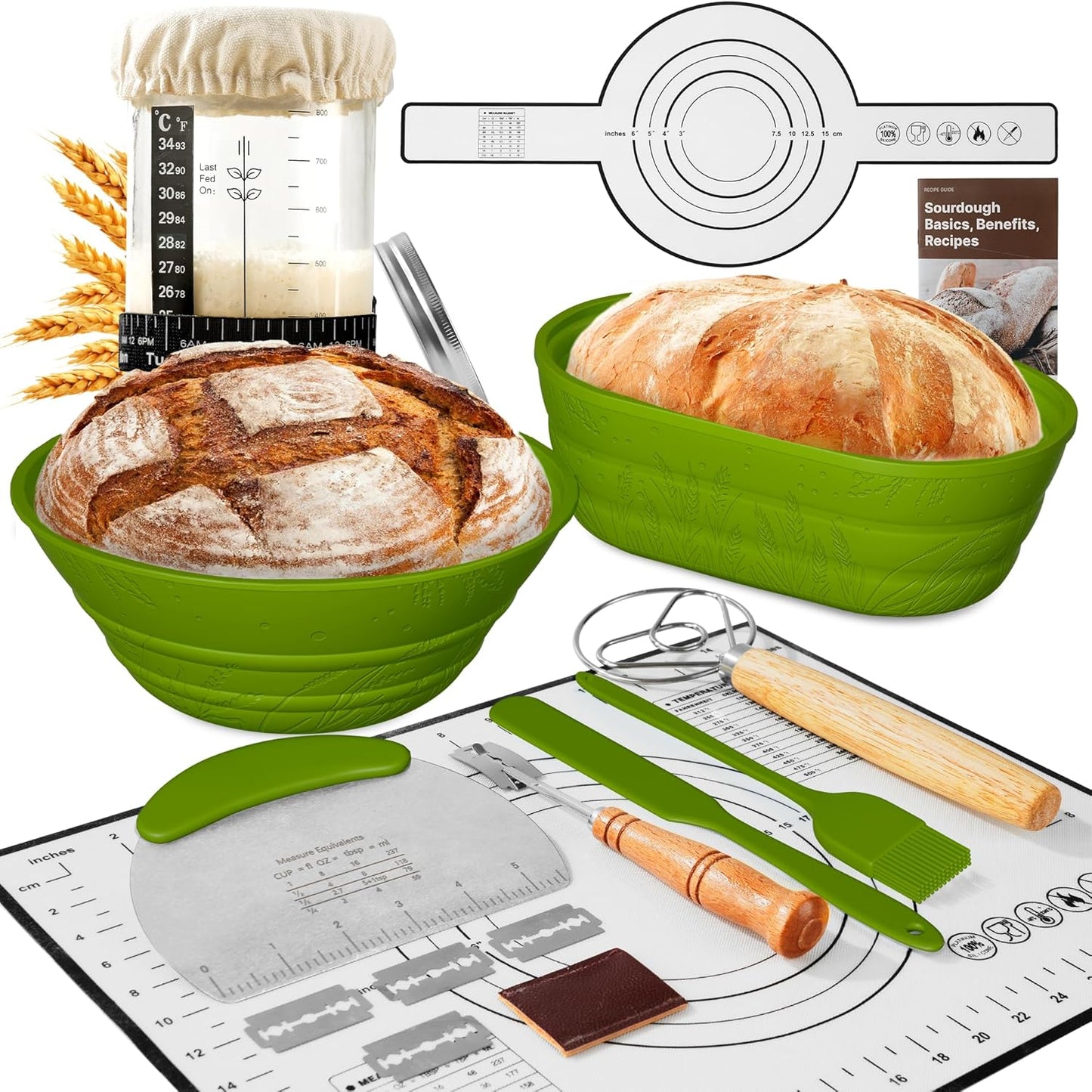 Sourdough Starter Kit with Jar – Complete Sourdough Bread Baking Supplies for Beginners, Includes 2 Silicone Proofing Baskets Baking Mat Sour Dough Kit - Green