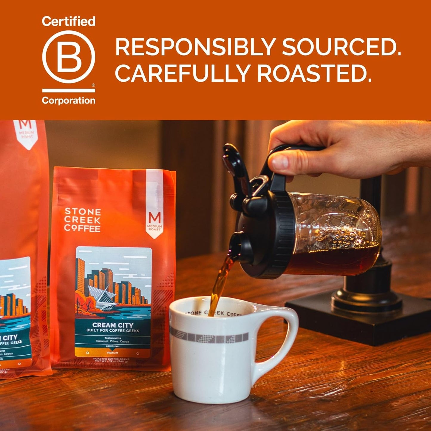 Stone Creek Coffee Medium Roast Ground Coffee – 12 Ounce (Pack of 1) – Specialty Smooth and Sweet Fresh Roasted Coffee Beans with Fruity/Chocolate Tasting Notes, Cream City