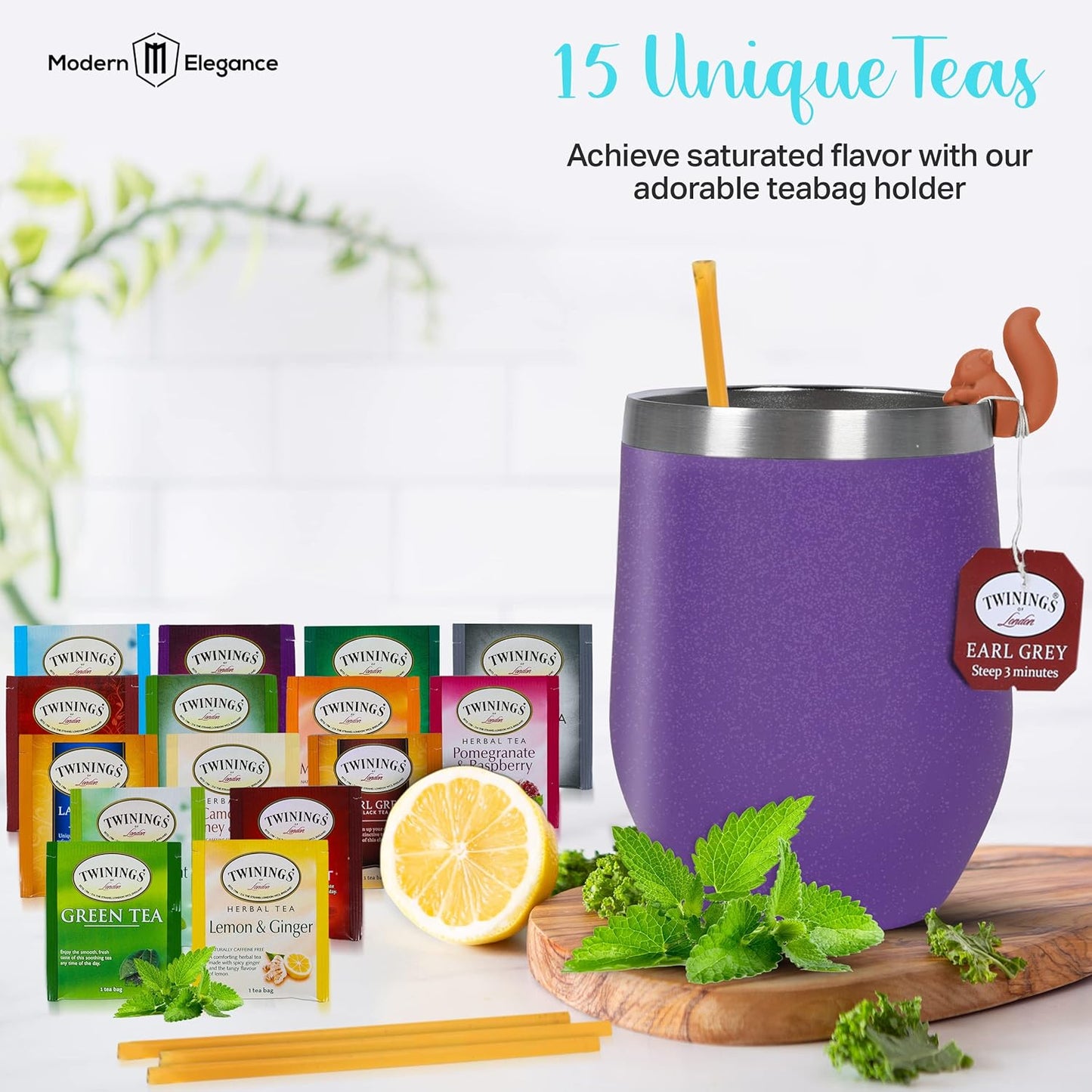 Gift Sets for Tea Lovers Women and Men Tumbler 15 Unique Teas 10 Honey Straws (Mom Card-Purple)
