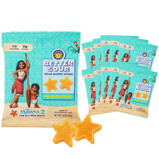 Better Sour Disney’s Moana 2 Passion Fruit Gummy Stars Candy Naturally Flavored Plant-Based Low 4g/70 cal per 1.8oz Sugar Healthy Sour Gummy CandyBag Healthy Treats for Teens & Adults (Pack of 10)