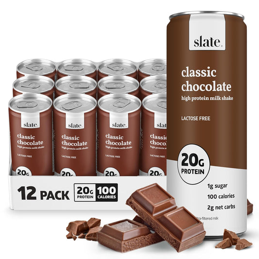 Slate Milk - High Protein Milk Shake - Classic Chocolate - Lactose Free, 20g Protein, 1g Sugar, 100 Calories, 2g Net Carbs, No Added Sugar - Natural, Breakfast Boost, Post Workout - 11 fl oz, 12 Cans