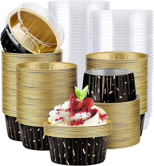 EUSOAR Disposable Ramekins, 200pcs 5oz Aluminum Cupcake Baking Cups Reusable, Mini Muffin Cups Cupcake Liners with Lids, Creme Brulee Containers Mold Tin, for Party Family Gathering Shower Catering