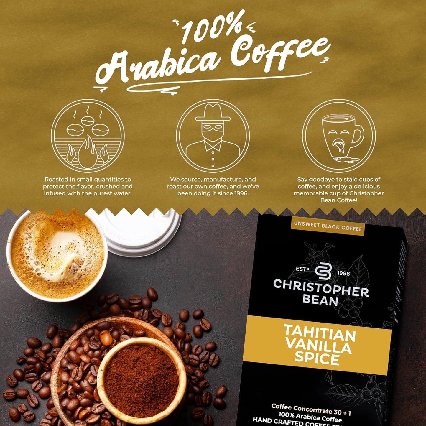 Christopher Bean Coffee - 396 servings, 30 to 1 Blend Bag in Box Liquid Instant Coffee or Cold Brew Coffee Concentrate - Hot or Iced Coffee - Tahitian Vanilla Spice