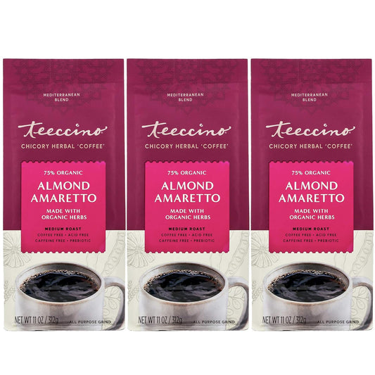 Teeccino Almond Amaretto Chicory Coffee Alternative - Ground Herbal Coffee That’s Prebiotic, Caffeine Free & Acid Free, Medium Roast, 11 Ounce (Pack of 3)