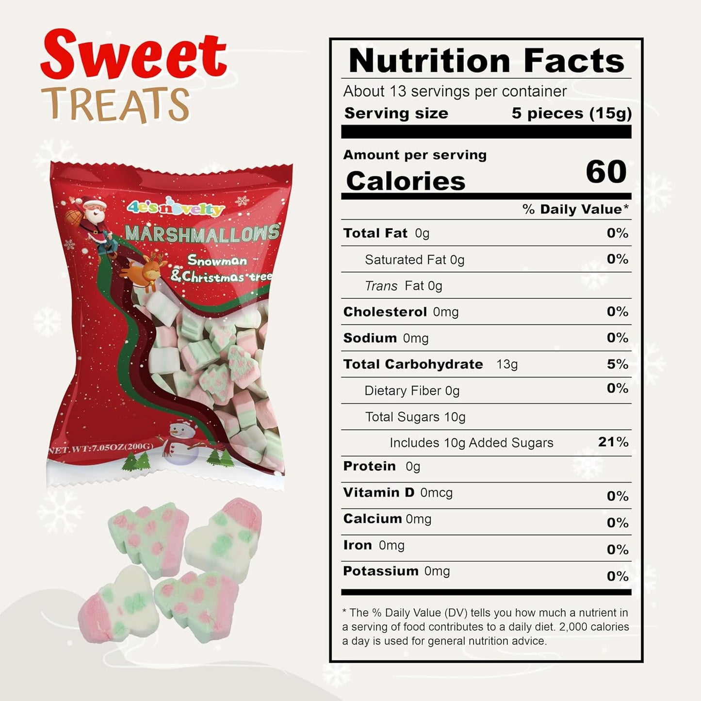 4E's Novelty Sweet Christmas Marshmallow Soft Candy Treats 65pcs (200gram) Bulk Snowman & Santas Shapes, Christmas Candy Stocking Stuffers Snacks, Party Favor for Kids & Adults