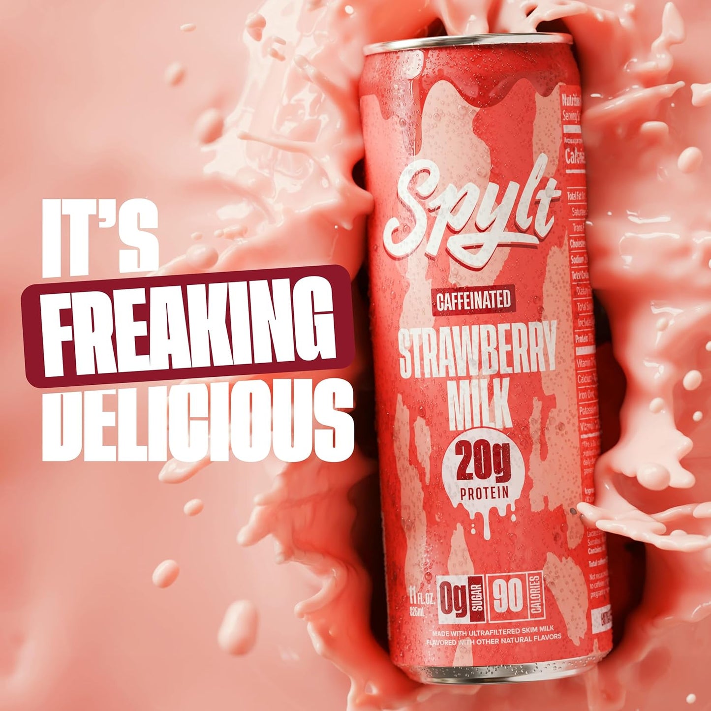 Spylt High Protein Strawberry Milk with 60mg Caffeine & 20g Protein - 90 Calories, Ready to Drink, Sugar Free, Lactose Free Milk, Perfect for Workout Recovery & Afternoon Pick Me Up - 12 Count