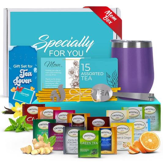 Gift Sets for Tea Lovers Women and Men Tumbler 15 Unique Teas 10 Honey Straws (Mom Card-Purple)