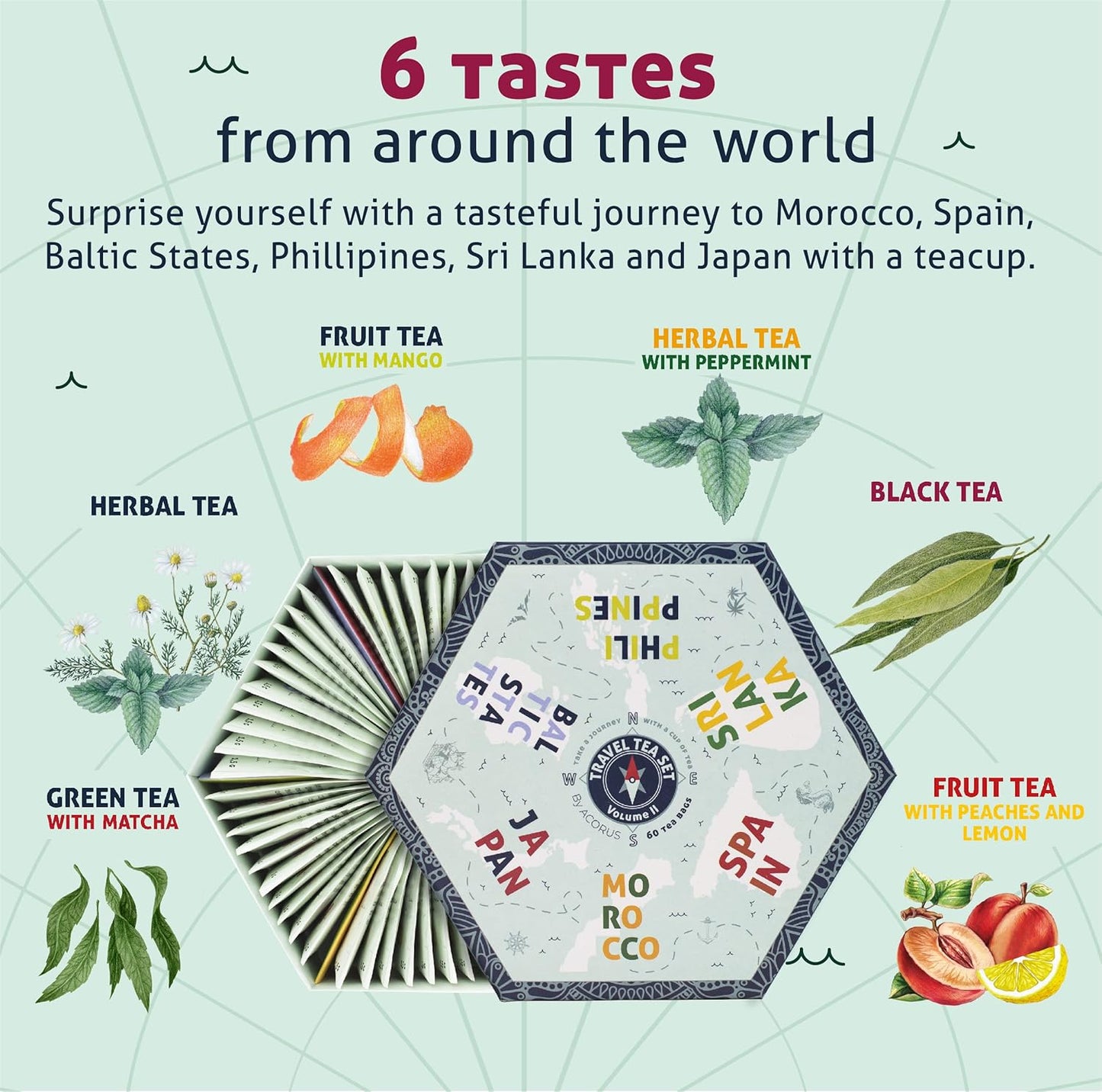 ACORUS | Travel Tea Set Vol. II | Tea Gift Set of 6 Flavors of Different Destination | Discover the World With a Cup of Tea | Assorted Tea Variety Pack | Large Tea Sampler Box | 60 Tea Bags