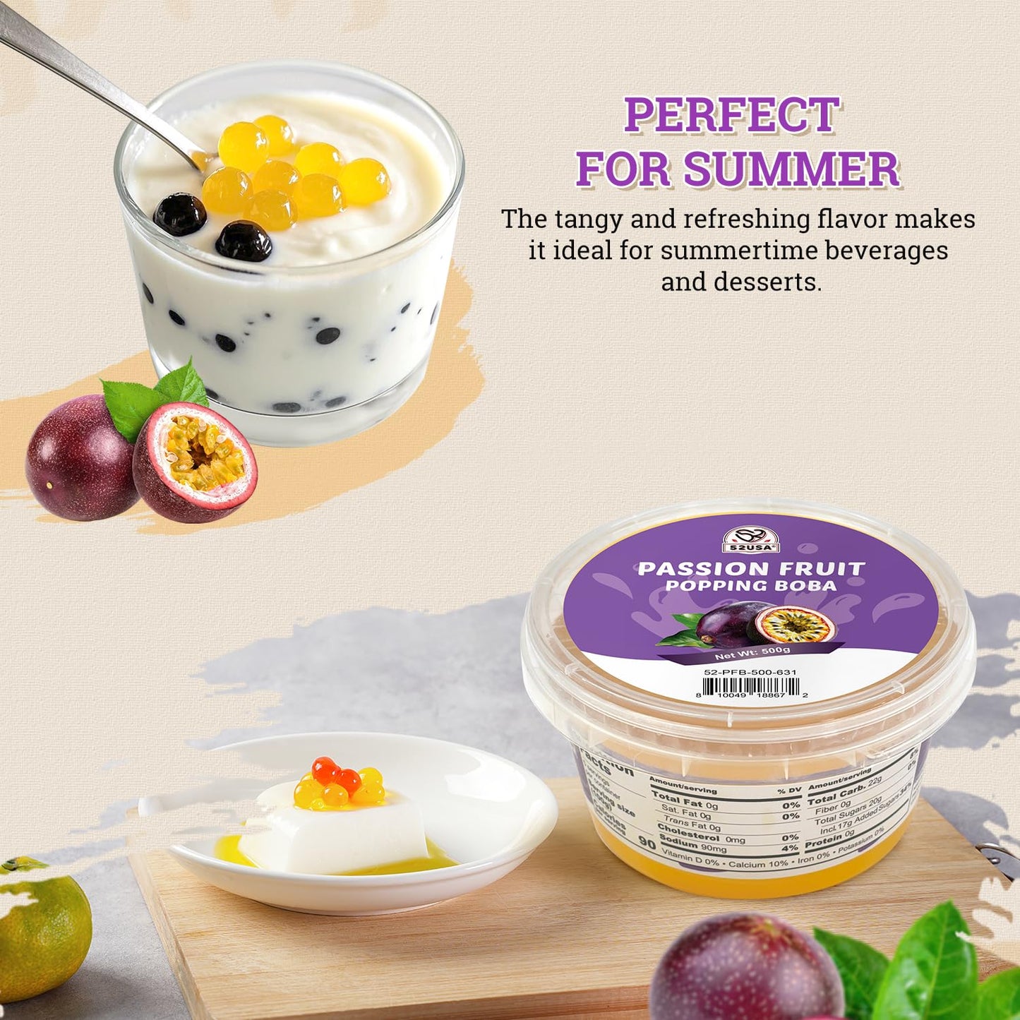 52USA Passion Fruit Popping Boba (1000g), Popping Pearls for Bubble Tea, Beverages, Sweets, Ice Cream, Shakes, Desserts & Smoothies Topping, 1.1 Pound (Pack of 2)