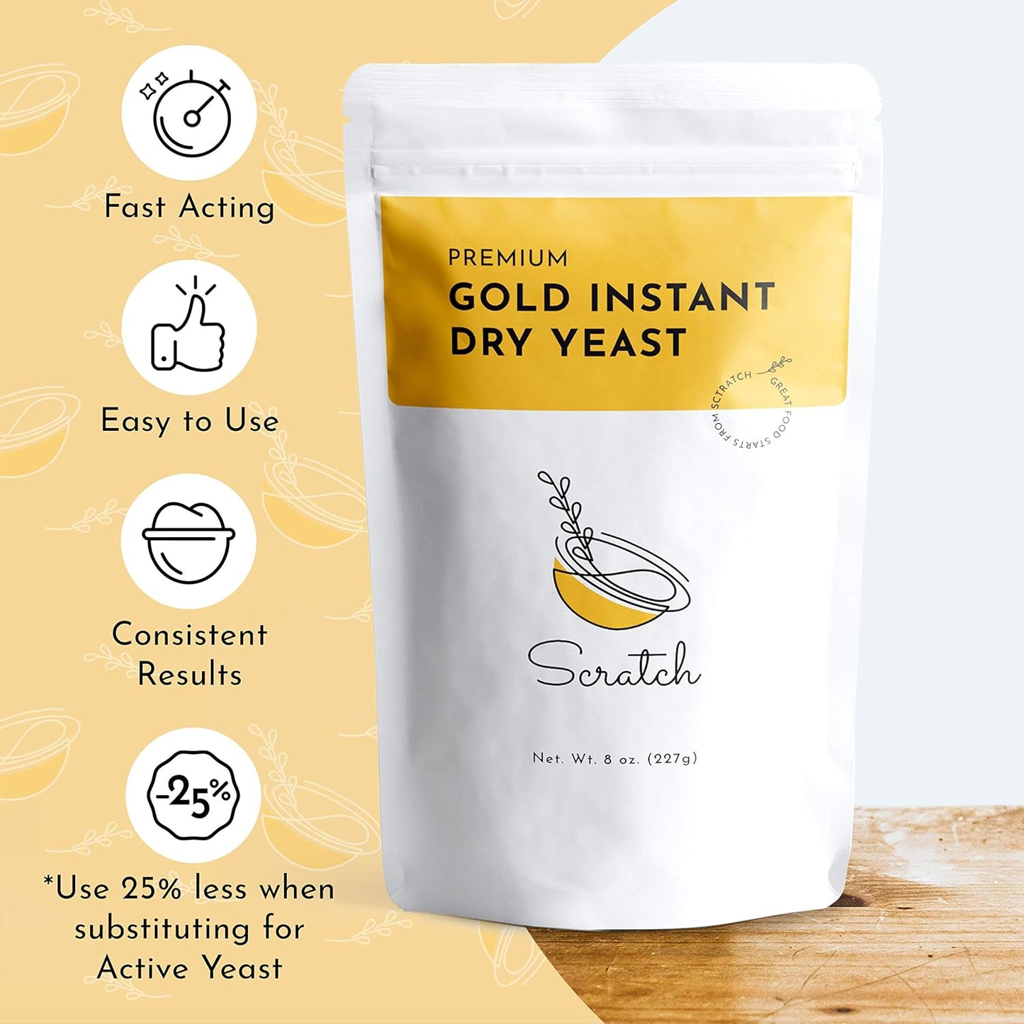 Scratch Gold Yeast - Instant Dry Yeast for a Rapid Rise - Add Straight to Dry Mix - Perfect for Making Bread, Bread Machines, Pizza Dough, Crusts & More - (Gold 8oz) (1 Packet)