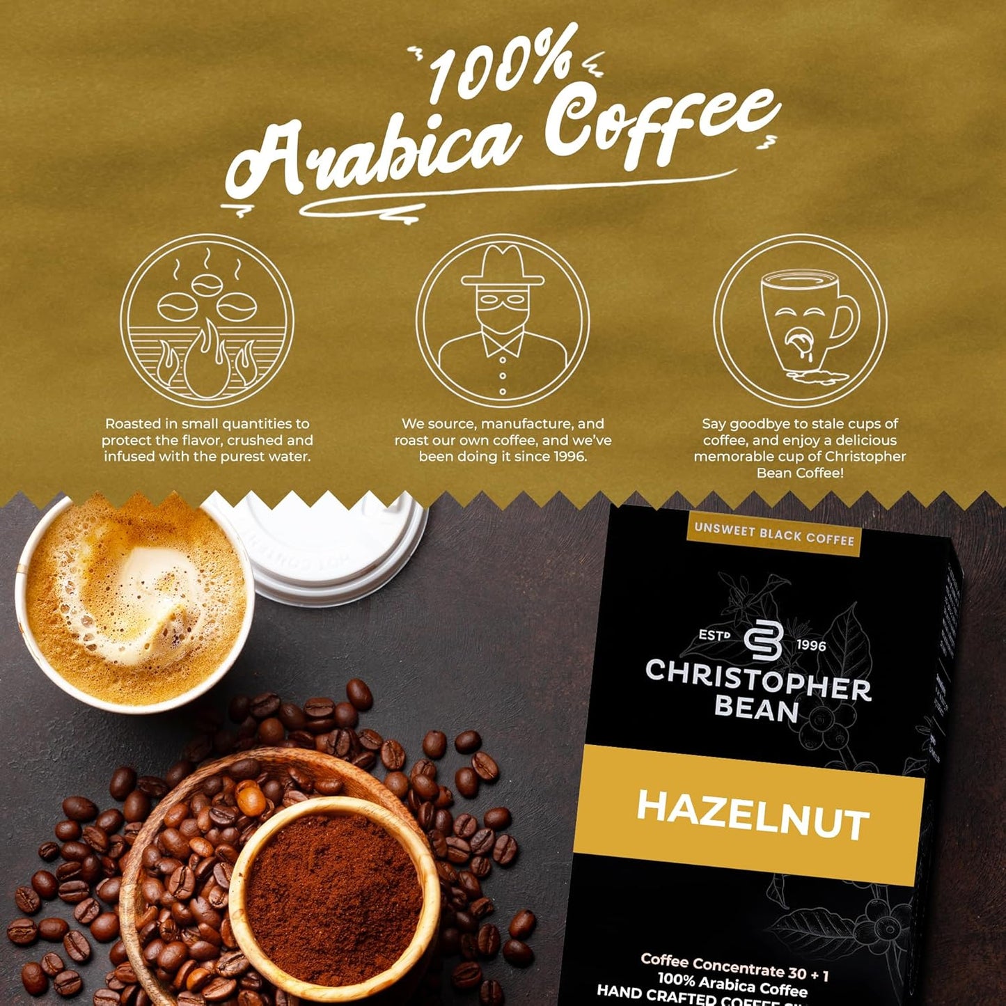 Christopher Bean Coffee - 396 servings, 30 to 1 Blend Bag in Box Liquid Instant Coffee or Cold Brew Coffee Concentrate - Hot or Iced Coffee - Hazelnut