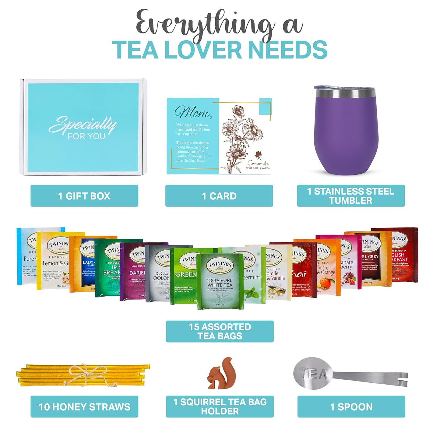 Gift Sets for Tea Lovers Women and Men Tumbler 15 Unique Teas 10 Honey Straws (Mom Card-Purple)