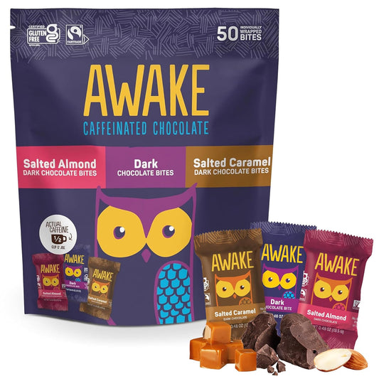 AWAKE - Caffeinated Chocolate Bites - USA Variety Pack (3 Flavors) 50 Bites - Dark, Salted Caramel, & Salted Almond - 50mg Caffeine - Coffee Alternative - Fairtrade - Gluten-Free - Non GMO - 0.48oz