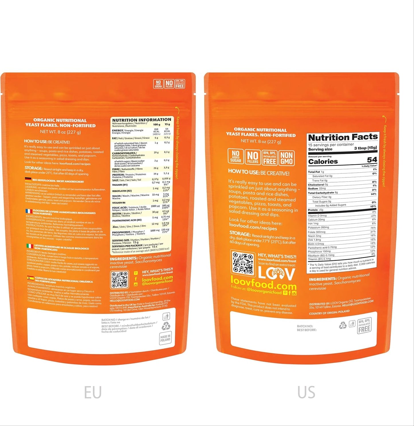 LOOV Organic Non-Fortified Nutritional Yeast Flakes - Vegan, Gluten Free, Non-GMO Unfortified Nooch - Good Source of Natural B-Vitamins - No Added Salt or Sugar - Resealable Bag, 8 Ounces (227 Grams)