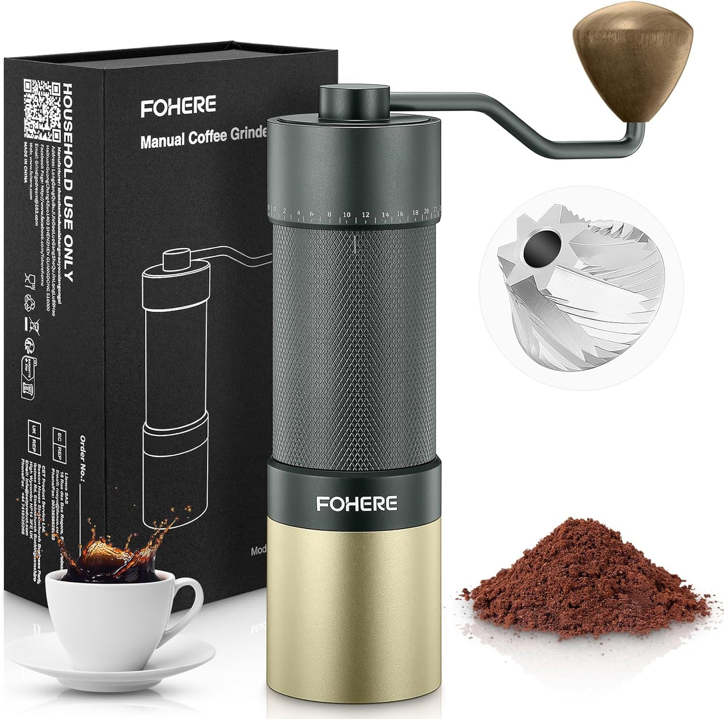 FOHERE Manual Coffee Grinder Capacity 30g with CNC Stainless Steel Conical Burr, Adjustable Coarseness for Espresso, Drip Coffee, and French Press, Portable Hand Grinder