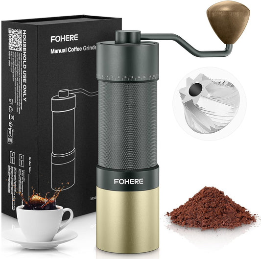 FOHERE Manual Coffee Grinder Capacity 30g with CNC Stainless Steel Conical Burr, Adjustable Coarseness for Espresso, Drip Coffee, and French Press, Portable Hand Grinder