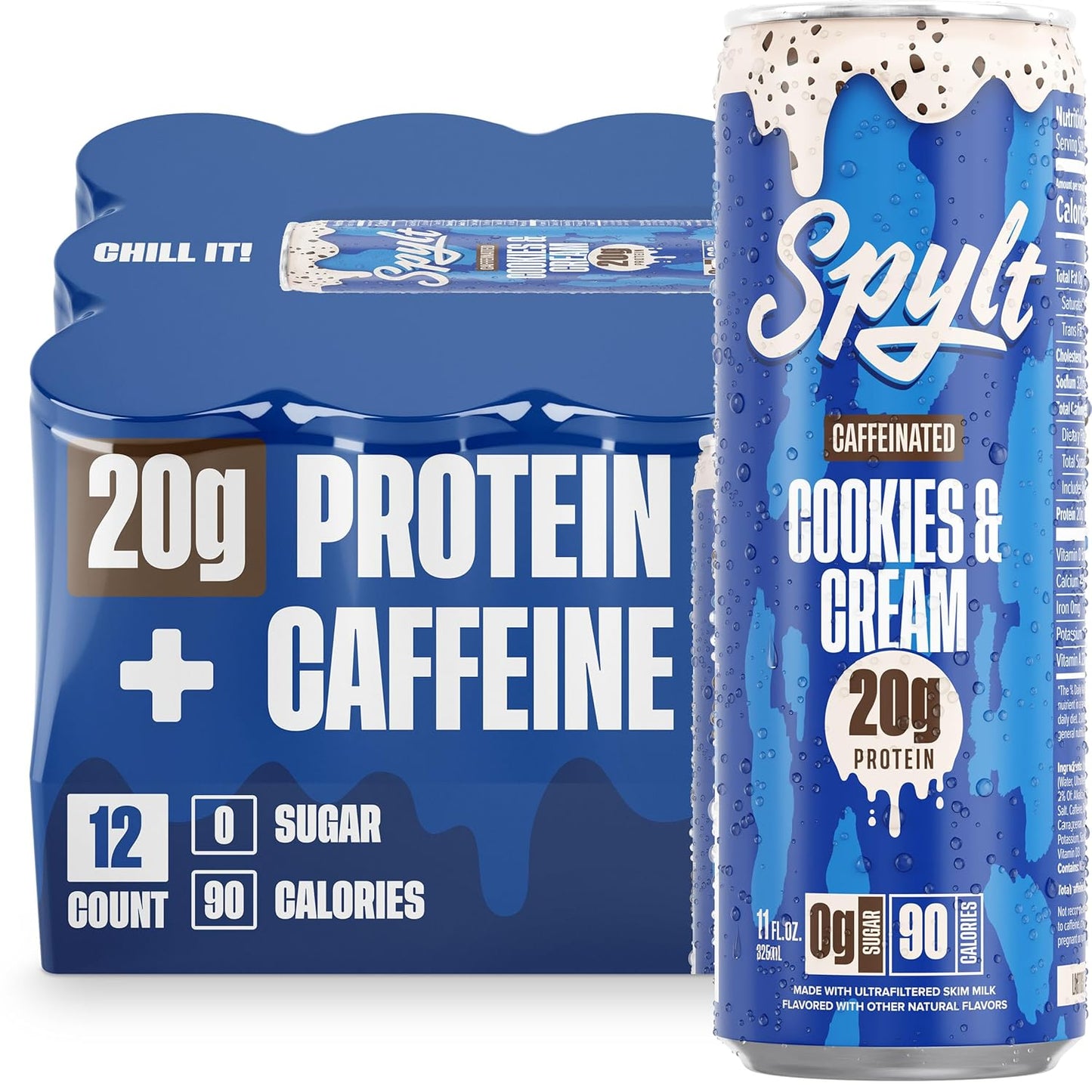 Spylt High Protein Cookies & Cream Milk with 60mg Caffeine & 20g Protein - 90 Calories, Ready to Drink, Sugar Free, Lactose Free Milk, Perfect for Workout Recovery & Afternoon Pick Me Up - 12 Count