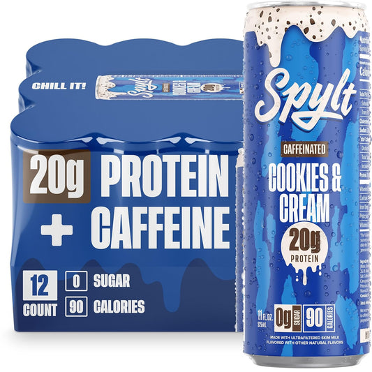 Spylt High Protein Cookies & Cream Milk with 60mg Caffeine & 20g Protein - 90 Calories, Ready to Drink, Sugar Free, Lactose Free Milk, Perfect for Workout Recovery & Afternoon Pick Me Up - 12 Count